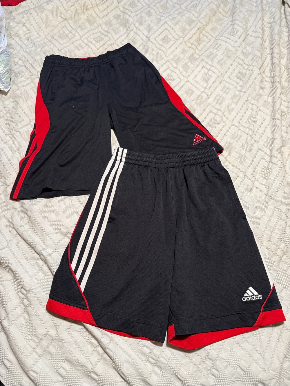 adidas Black Shorts with Red Accents and White Stripes - Kids